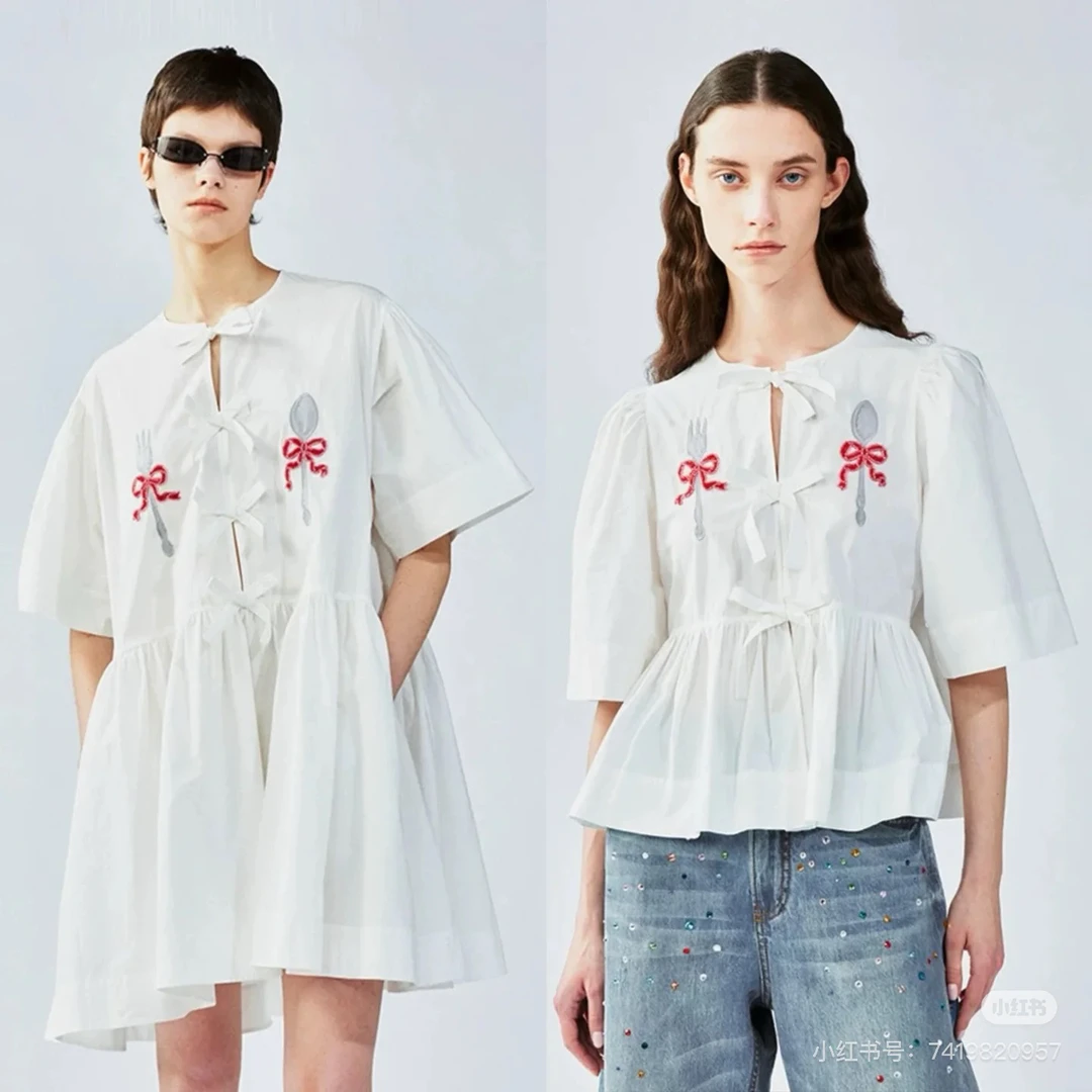 尾～2025夏季新款蝴蝶结刀叉绑带娃娃衫连衣裙