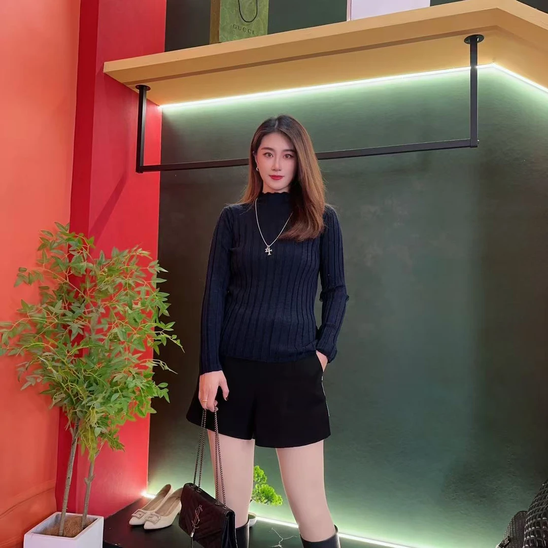 008高级感藏青色100%羊毛半高领针织上衣 秋冬修身显瘦打底毛衣女