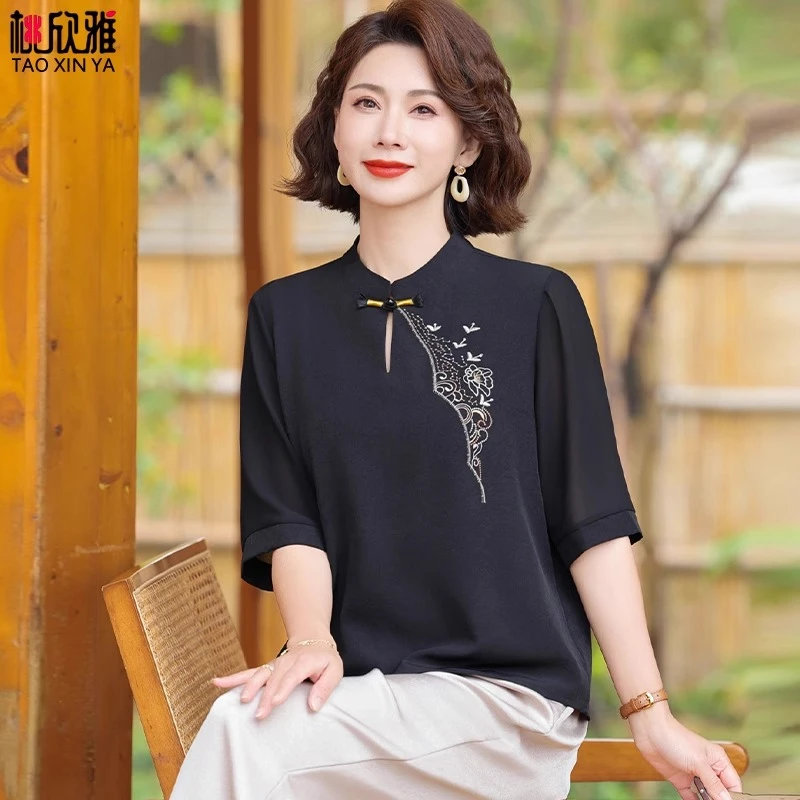 年轻妈妈夏装T恤中式国风小衫2025新款中老年女夏季盘扣中袖上衣