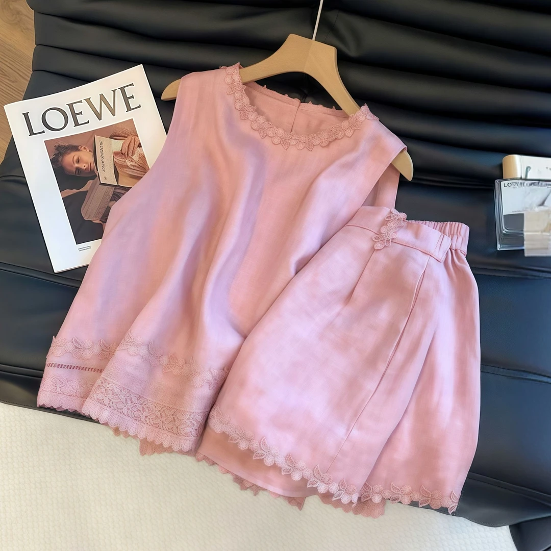 高端立体花边刺绣夏季新款慵懒感复古国风精致时尚气质短裤套装女