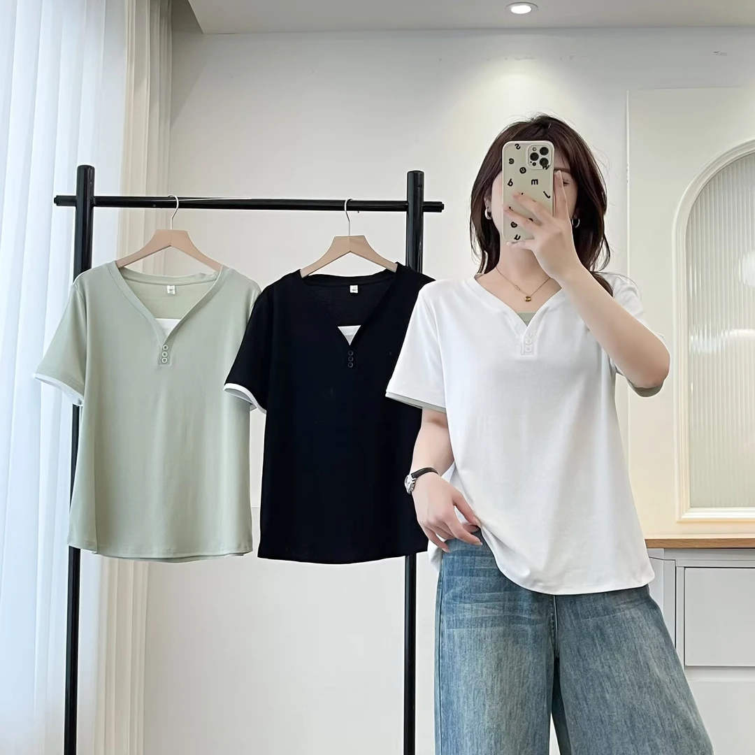 JIANAOBEN/简澳本大码洋气显瘦宽松V领正肩假两件V领短袖T恤上衣