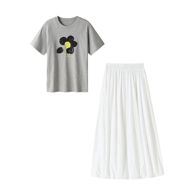 夏季穿搭一整套女新款花朵印花短袖T恤百搭花苞长裙两件套SF-2285