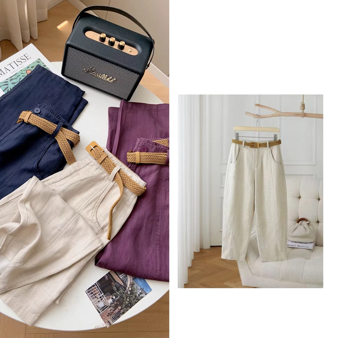 老钱风天丝亚麻哈伦裤 凉感腰带宽松休闲九分薄款夏女