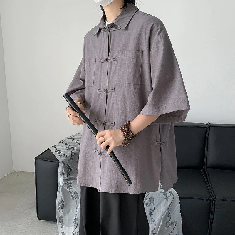 新中式衬衫男短袖夏季男士唐装中国风复古盘扣五分袖上衣改良汉服