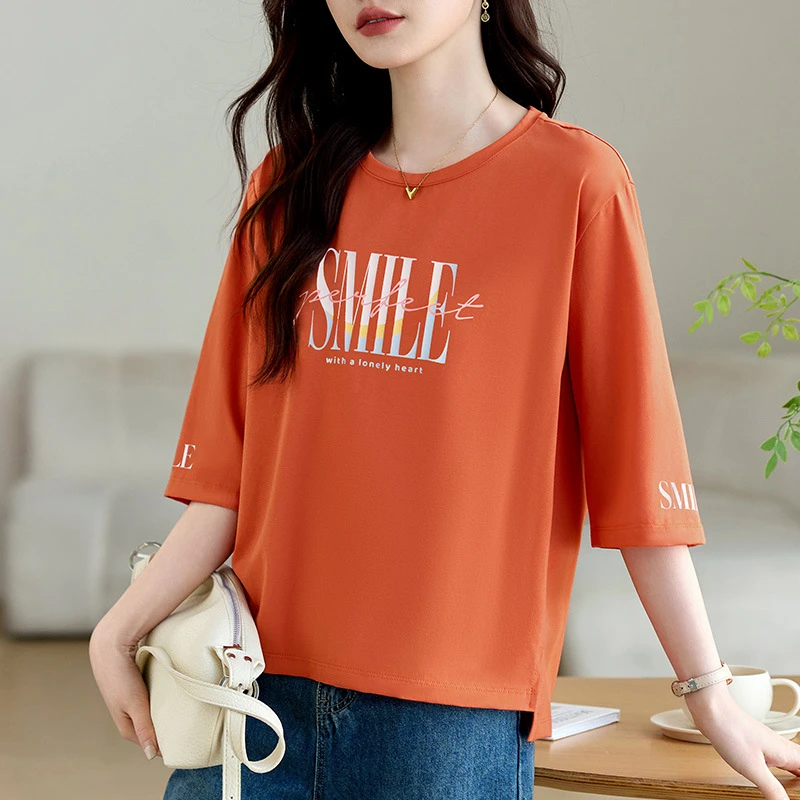 印花七分袖恤女上衣2025新款夏季爆款短袖宽松洋气显瘦圆领t