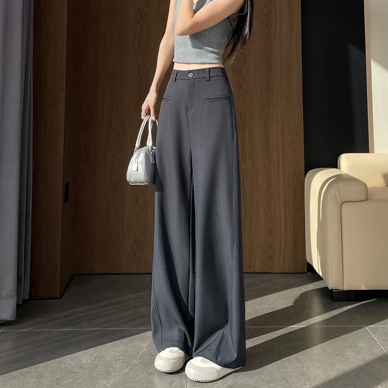 春夏季薄款高腰垂感窄版阔腿裤女初中高中学生灰色休闲西装直筒裤