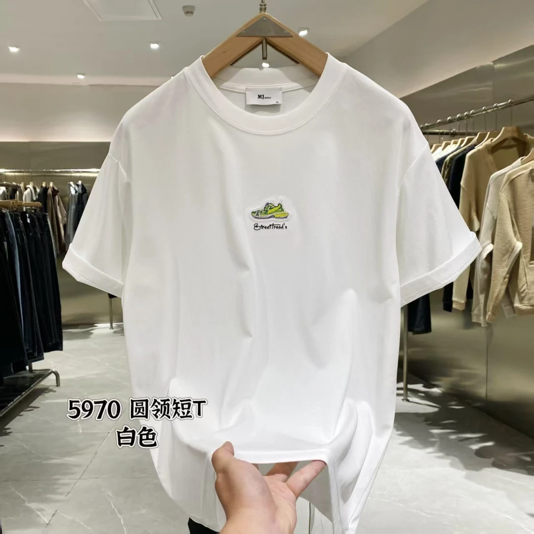 【聚新汇】5970正肩圆领重工刺绣白色T恤修身美式印花短袖上衣