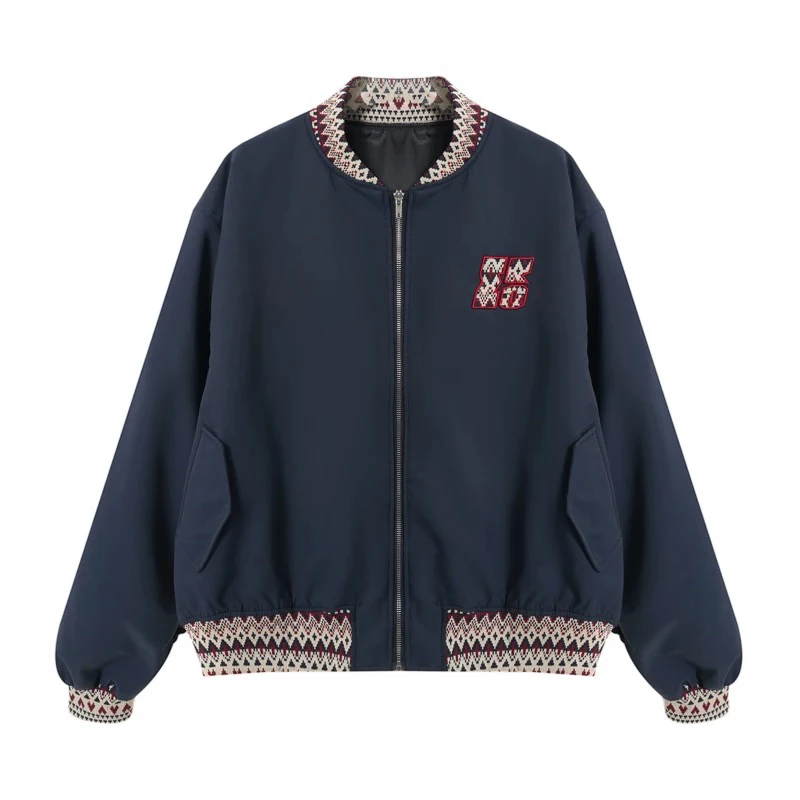 【逗逗】春季新款民族风提花拼接宽松复古棒球服夹克外套XZ283