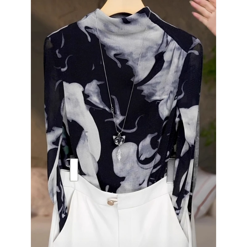 高端网纱打底衫女士春秋新款修身显瘦洋气小衫时尚半高领印花上衣