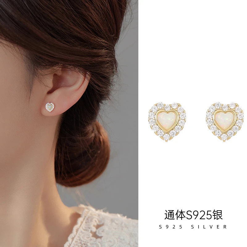 925银耳饰 法式轻奢复古镶钻爱心耳钉女防过敏养耳洞百搭饰品