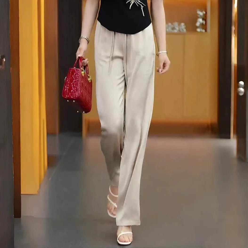 25国风好物新中式珍珠缎阔腿裤女夏季高腰窄版直筒国风好物休闲裤