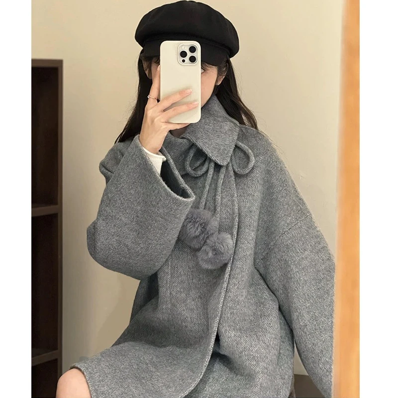 【25081】高级感灰色宽松廓形毛呢大衣女中长款毛呢外套