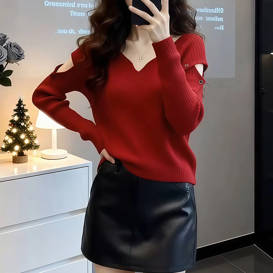 设计感小众不撞款镂空v领毛衣女秋冬修身显瘦内搭打底针织衫上衣