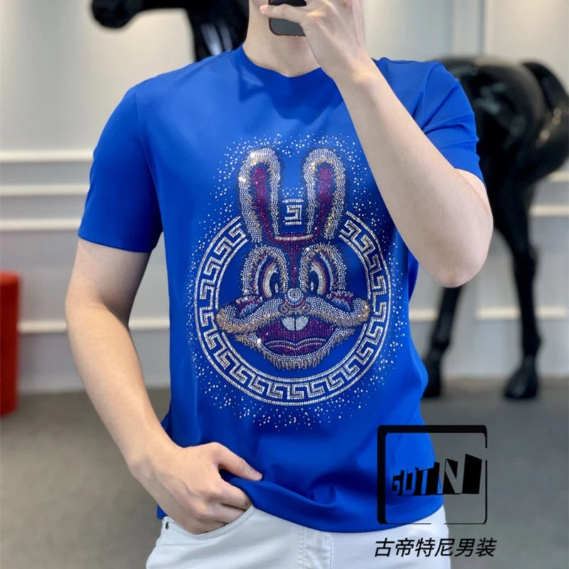 <古帝特尼>男士潮流高定欧货时尚百搭修身烫钻圆领短袖Z+5803