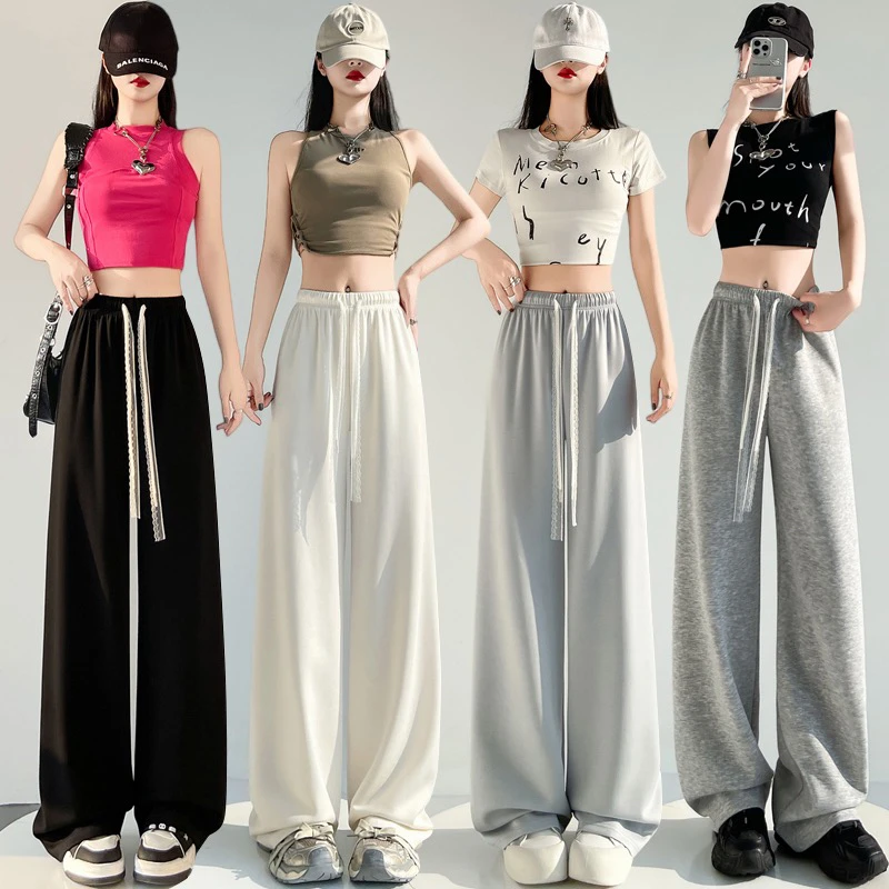 空气层阔腿裤女2025春夏高腰显瘦蕾丝抽绳直筒运动拖地裤卫裤