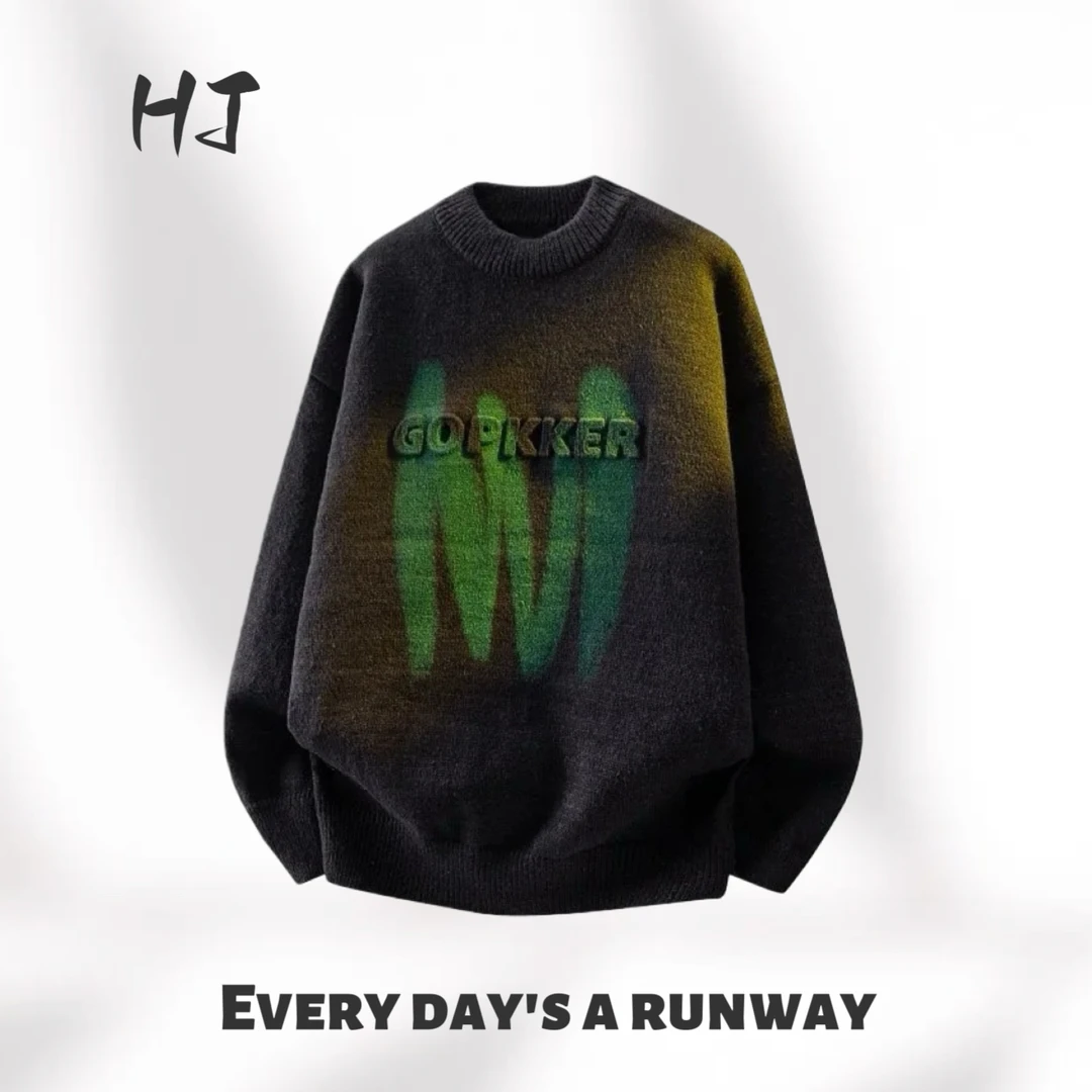 圆领毛衣男2025秋冬新款美式复古潮牌大码宽松套头内搭打底针织衫