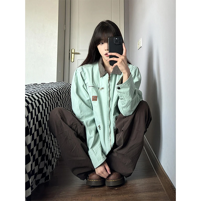 【底特律】美式翻领撞色夹克外套女2025秋季新款宽松设计感古着工装