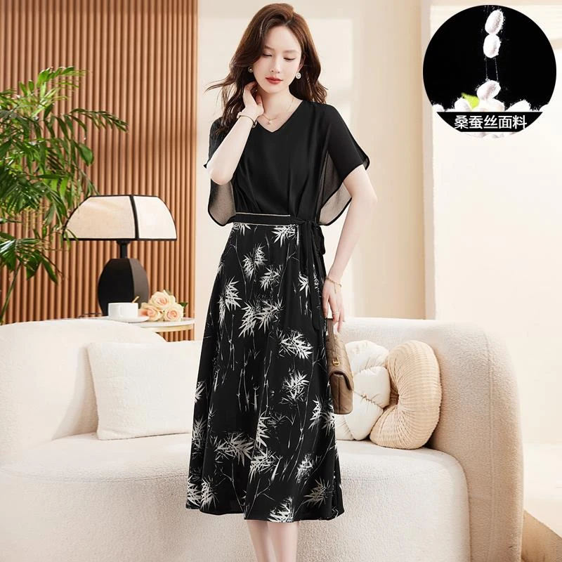 奢华大牌桑蚕丝印花连衣裙高腰系带过膝竹叶印花冰丝裙子显瘦气质