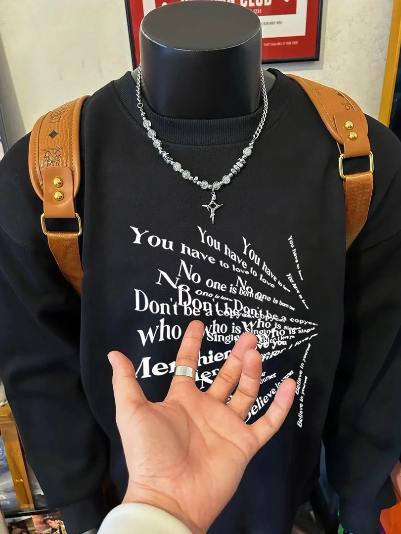 美式痞帅字母印花圆领卫衣男秋冬加绒加厚重磅宽松休闲上衣打底衫