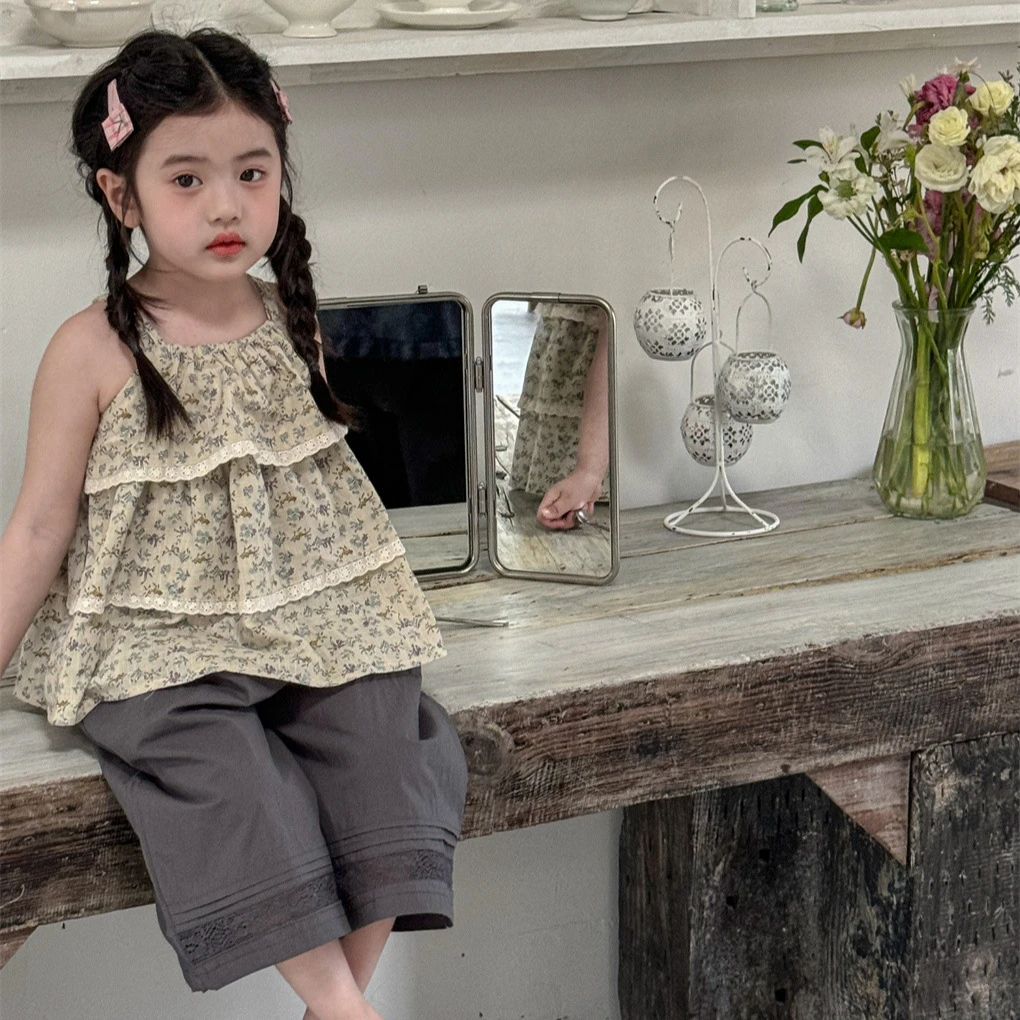 2025夏季新品女童纯棉甜美可爱法式复古森系碎花百搭吊带娃娃衫