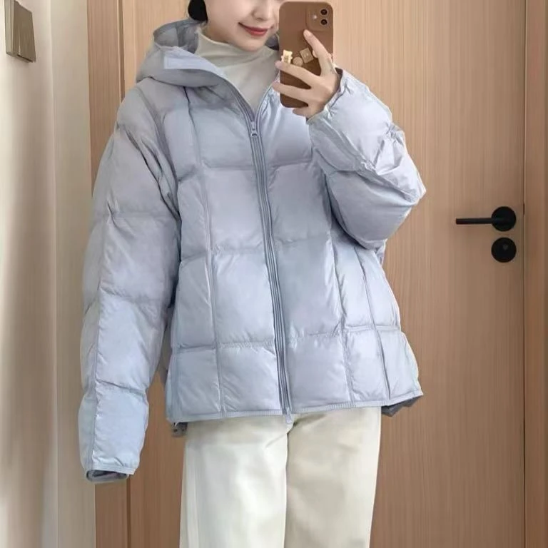 Y88区A02浅蓝色简约宽松连帽长袖加厚宽松型短款百搭棉服