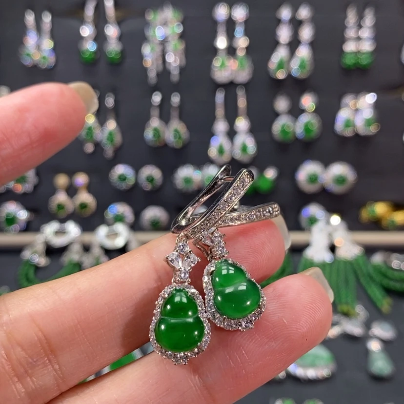 【闪购商品】翡翠耳饰银S925镀金镶嵌