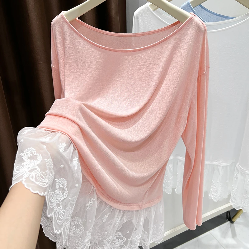 设计感冰丝长袖T恤女新款一字领粉色甜美上衣拼接蕾丝边防晒罩衫
