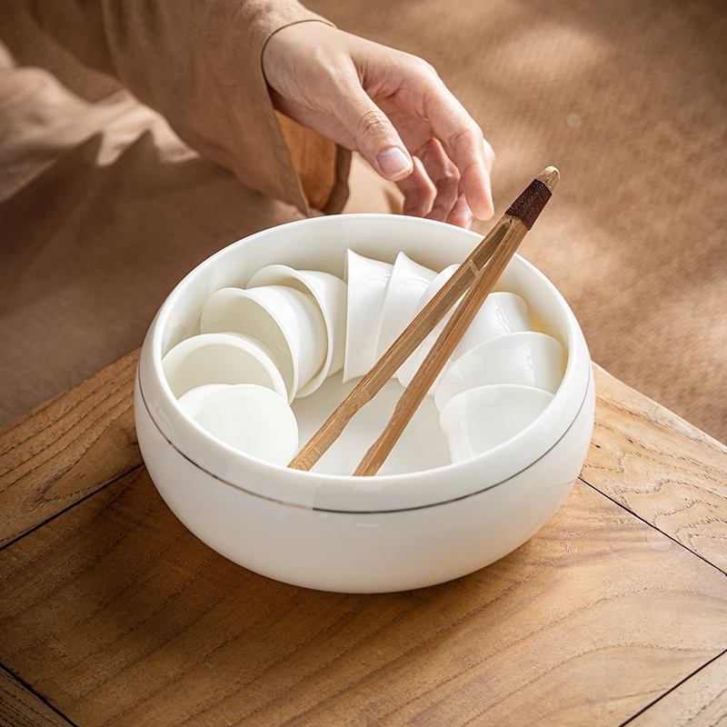 羊脂玉特大号大容量茶洗功夫茶具白瓷手工描金茶洗缸收纳杯子简约