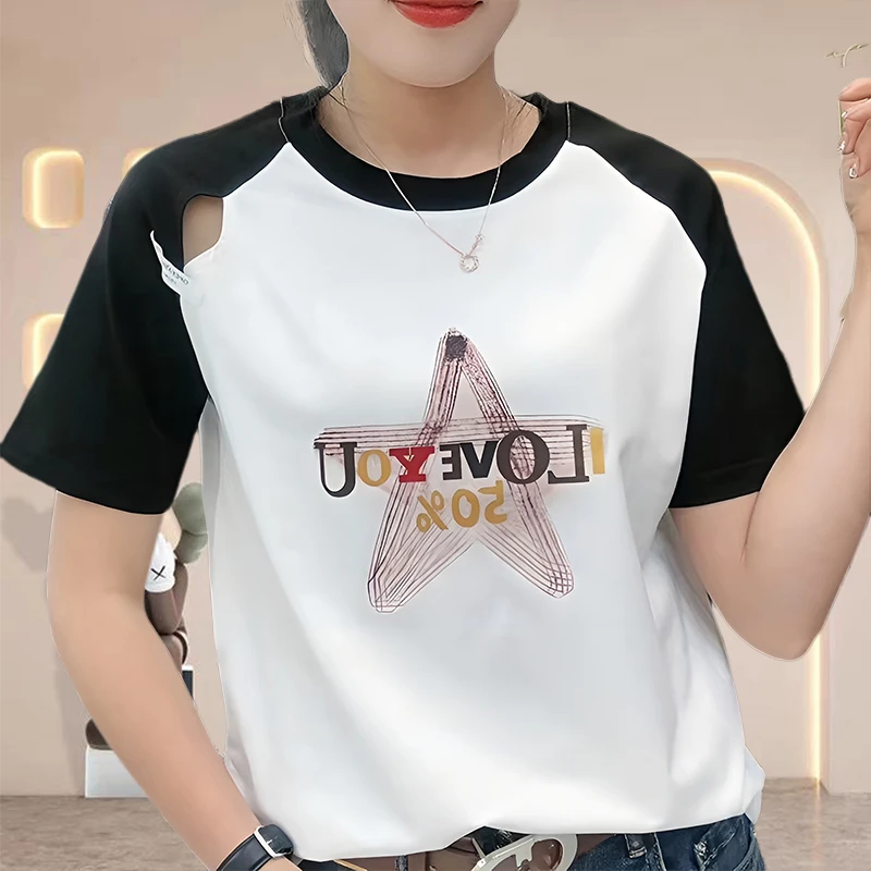纯棉2025夏季新款小众炸街高级感女装洋气小众印花露肩短袖t恤女