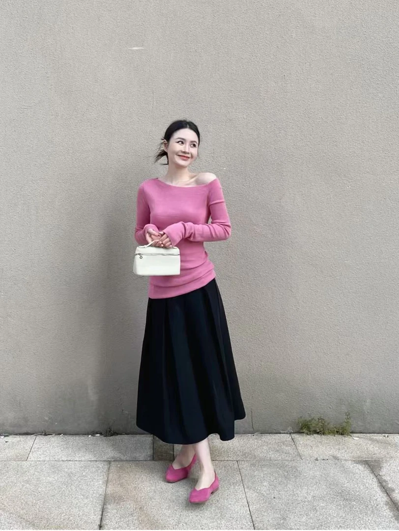 【现货运费险】秋季韩系氛围感穿搭一整套高级感玫粉色针织衫套装
