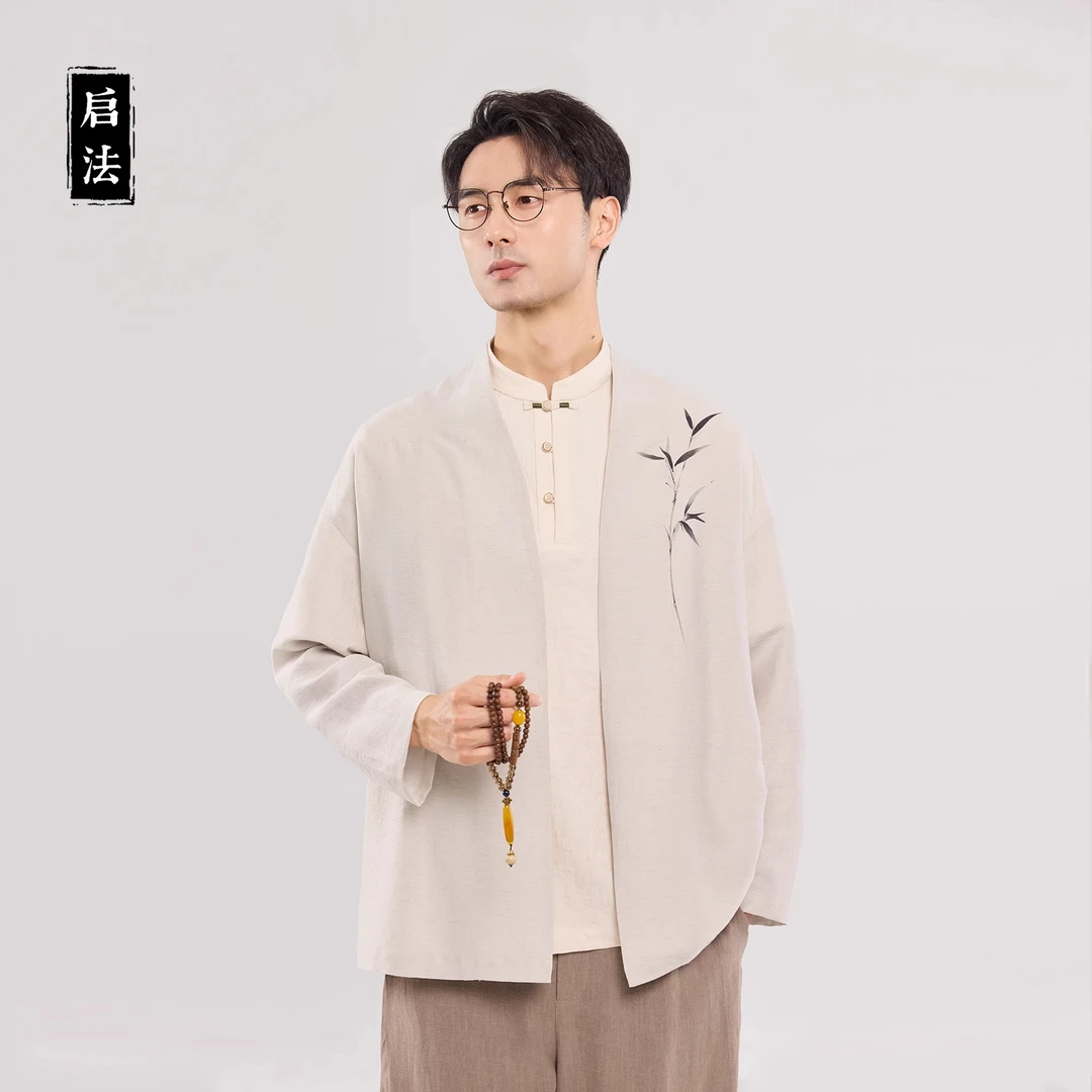 启·法男装春夏轻薄外套男士新中式罩衫飘逸休闲印花开衫禅意外披