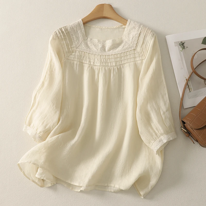 森系甜美小清新2025夏季新品花边拼接轻薄麻料纯色显瘦套头衬衣女