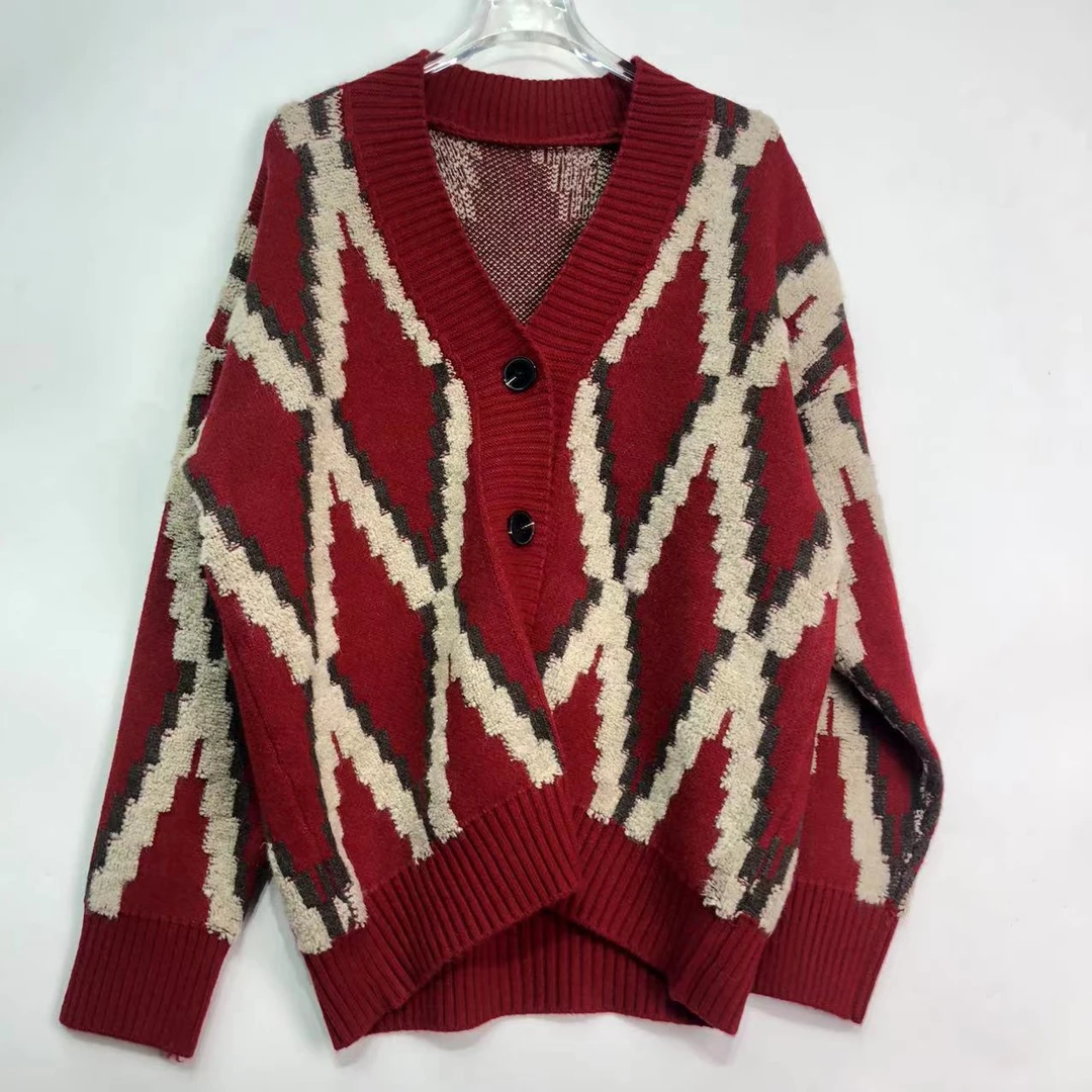 时尚新款V领菱格针织开衫外套N6014