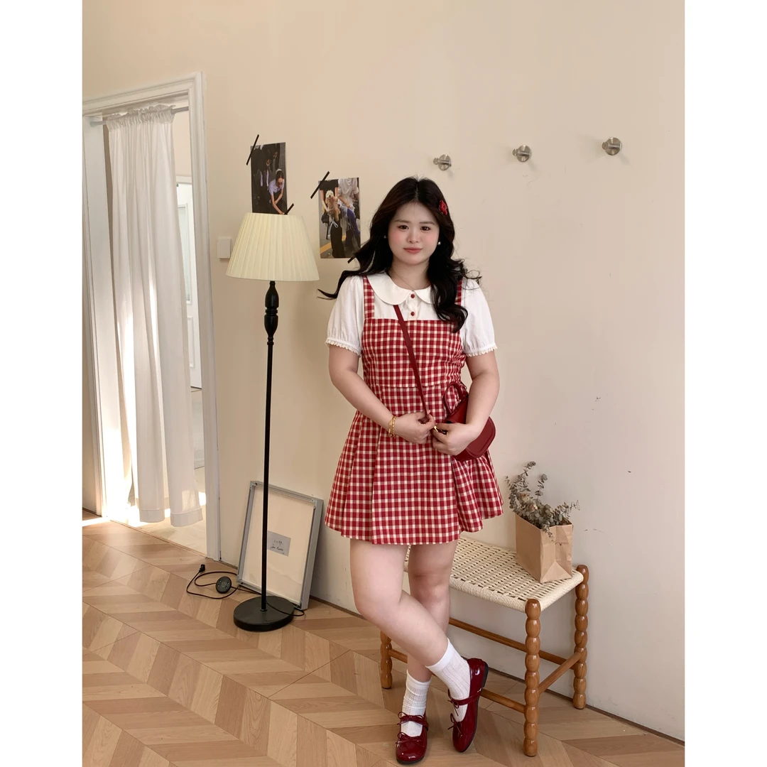 【名古屋学院】大头婷丫丫微胖夏季连衣裙假两件娃娃领格纹短袖短裙