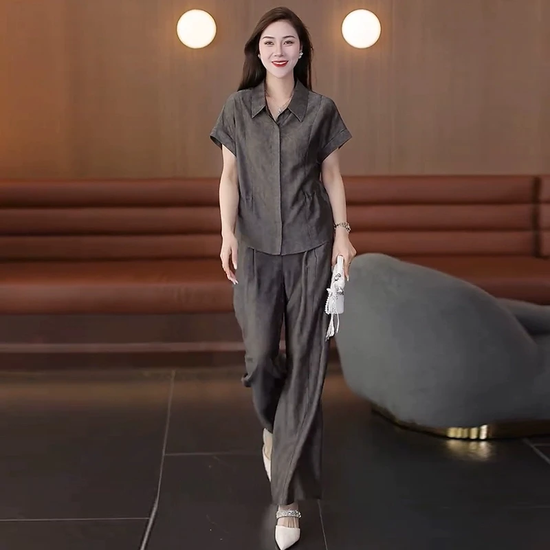 时尚套装女2025夏季新款洋气遮肉显瘦减龄短袖上衣阔腿裤两件套潮