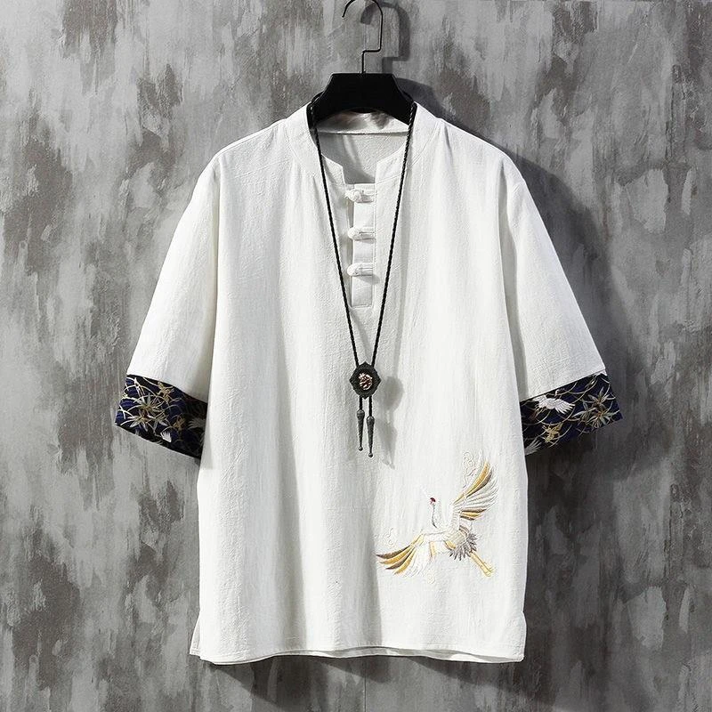 夏季薄款亚麻短袖T恤男中国风仙鹤刺绣棉麻料潮流宽松古风上衣服