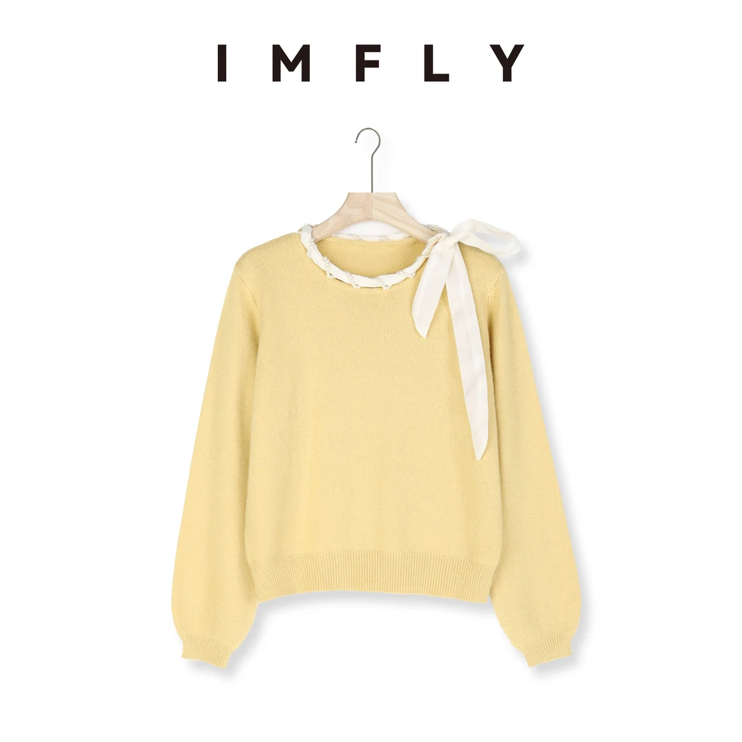 IMFLY金小金自制 绵羊毛衫DYW8588钉珠飘带毛衣女冬季时髦针织衫