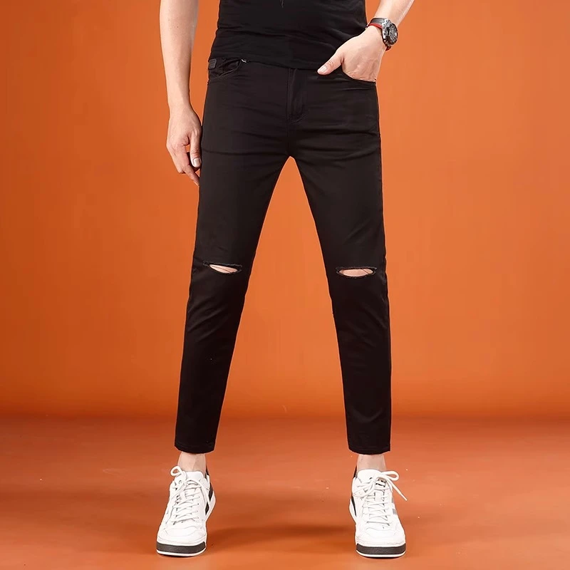 Cebrodz2025新款破洞九分裤男夏季黑色薄款百搭修身牛仔裤休闲裤