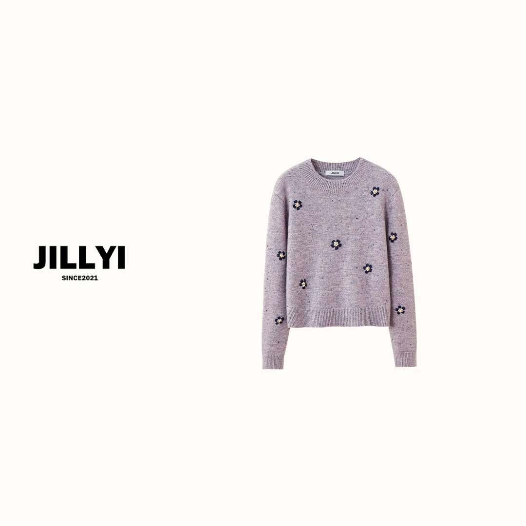 jillyi【浅紫梦话】紫色圆领植绒小花少女气质时尚百搭针织衫
