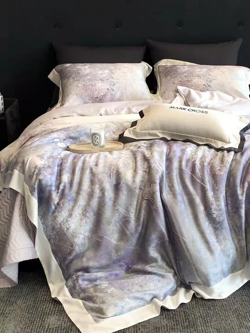 MC 玛洛驰 细腻柔滑奶基米磨毛床盖款四件套天丝磨毛 松蓝睡莲