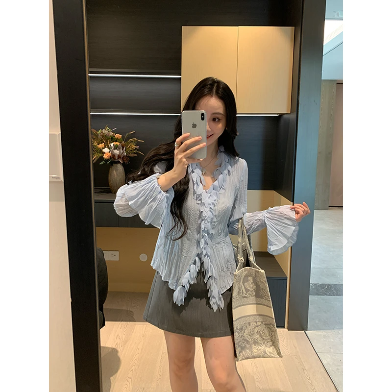 XINYI【雾里看花】秋季喇叭袖雪纺衬衫女长袖显瘦百搭X625C13751