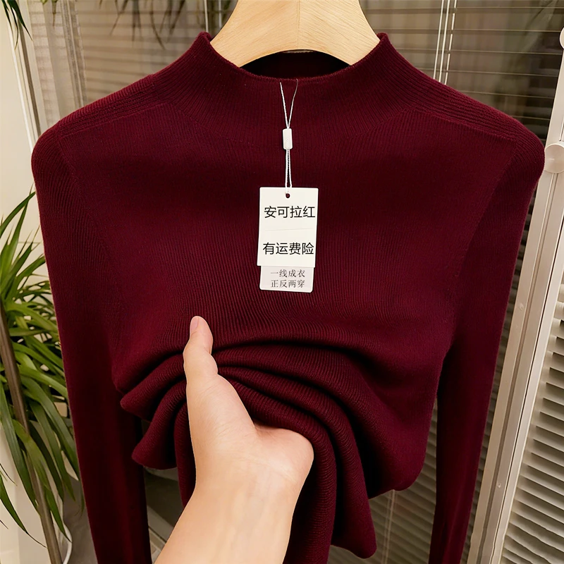 一线成衣——新年红精纺羊毛衫无缝超柔软半高领长袖百搭针织打底衫