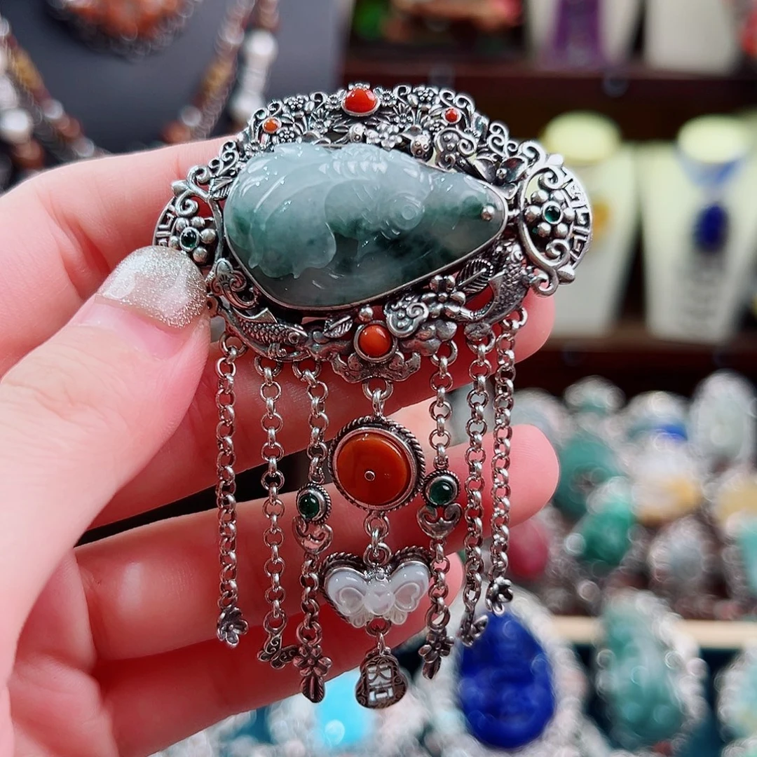 银S925镶嵌翡翠发饰发夹