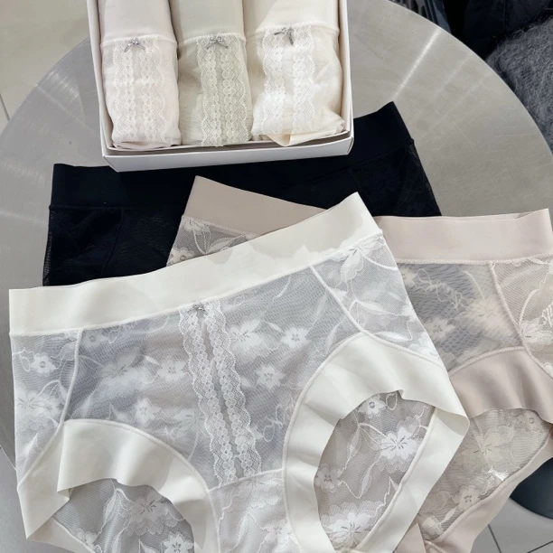 （3条盒装）镜中花春夏新款软蕾丝中腰女士内裤无痕裸感舒适透气