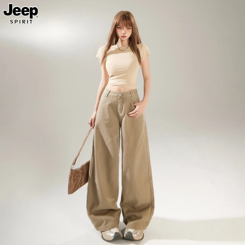 Jeep吉普美式复古卡其色阔腿牛仔裤女新款高腰宽松垂感拖地直筒裤