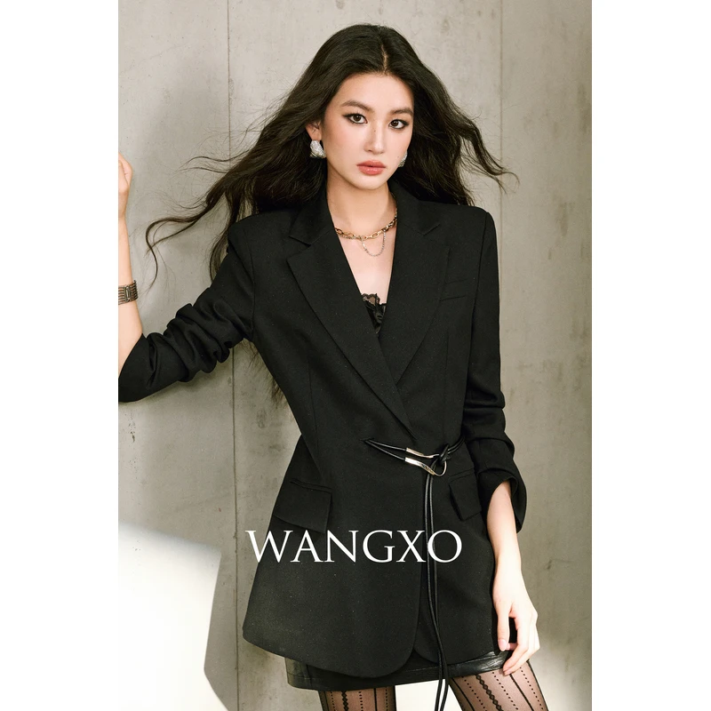 WANGXO 亮丝羊毛廓形正肩皮带西装 253867W