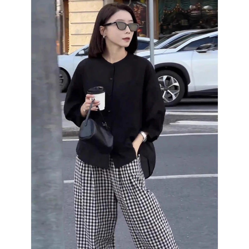 法式高级感黑色百搭七分袖衬衫女2025新款夏季宽松防晒开衫上衣女