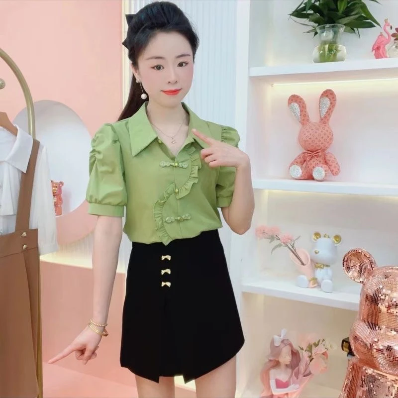 荷叶边短袖木耳边盘扣翻领小个子宽松显瘦时尚小衫