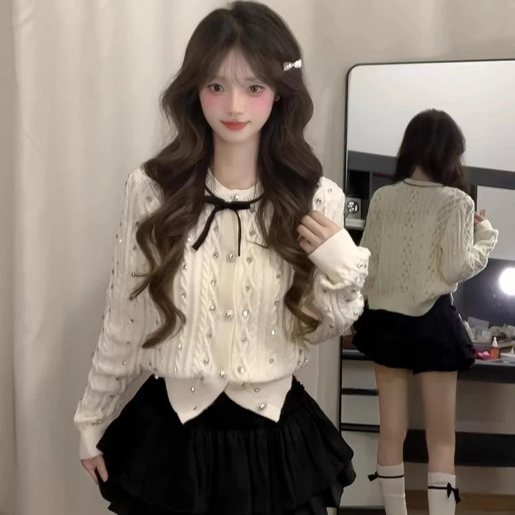 小香风蝴蝶结麻花针织开衫上衣女设计感白色甜美气质毛衣外套秋冬