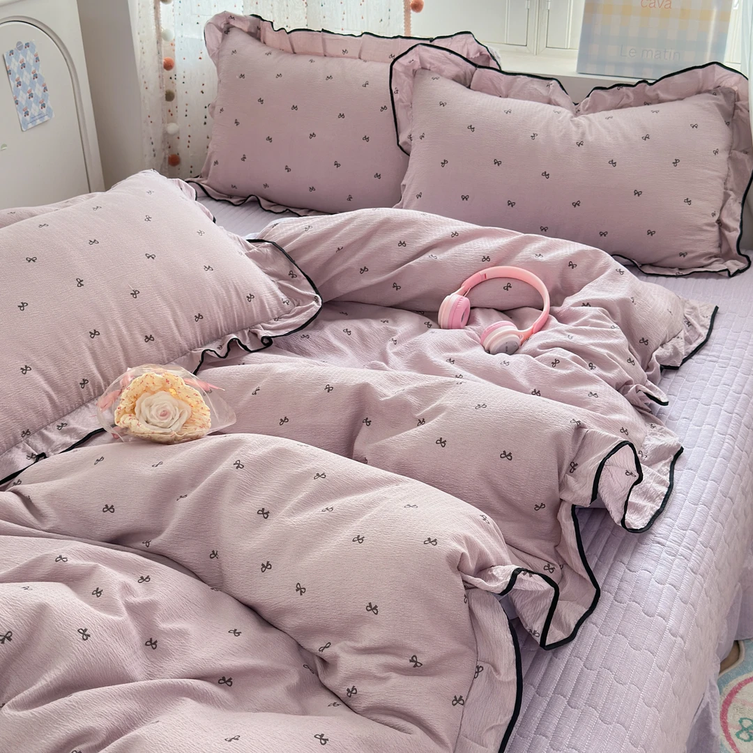 秋冬皱皱纱被套床盖四件套法式花边夹棉防滑床裙四季通用床品套件